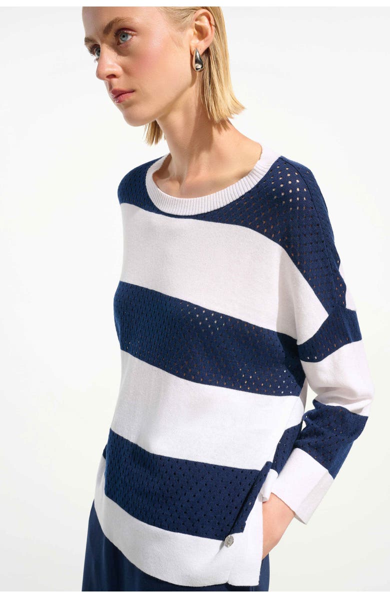 JOSEPH RIBKOFF Cotton Blend Stripe Print Crewneck Sweater, Alternate, color, Vanilla/Indigo