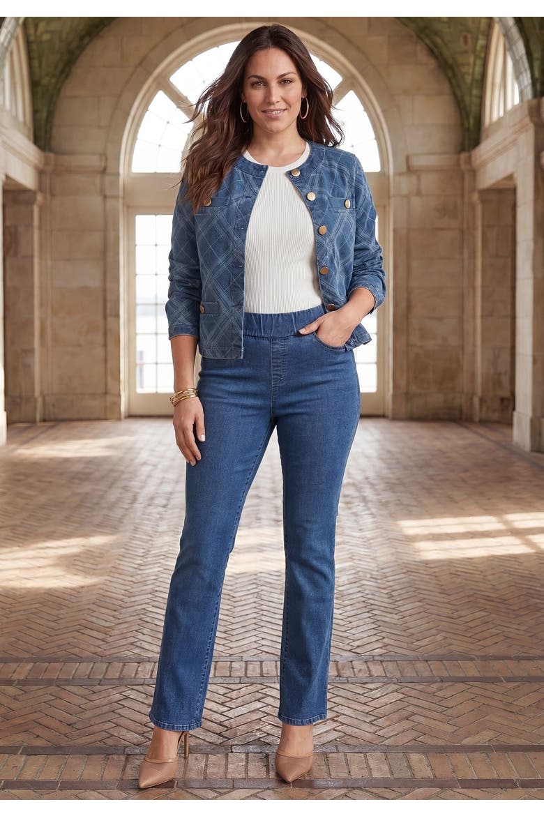 Stretch Denim Lady Jacket, Alternate, color, DENIM BIAS PLAID