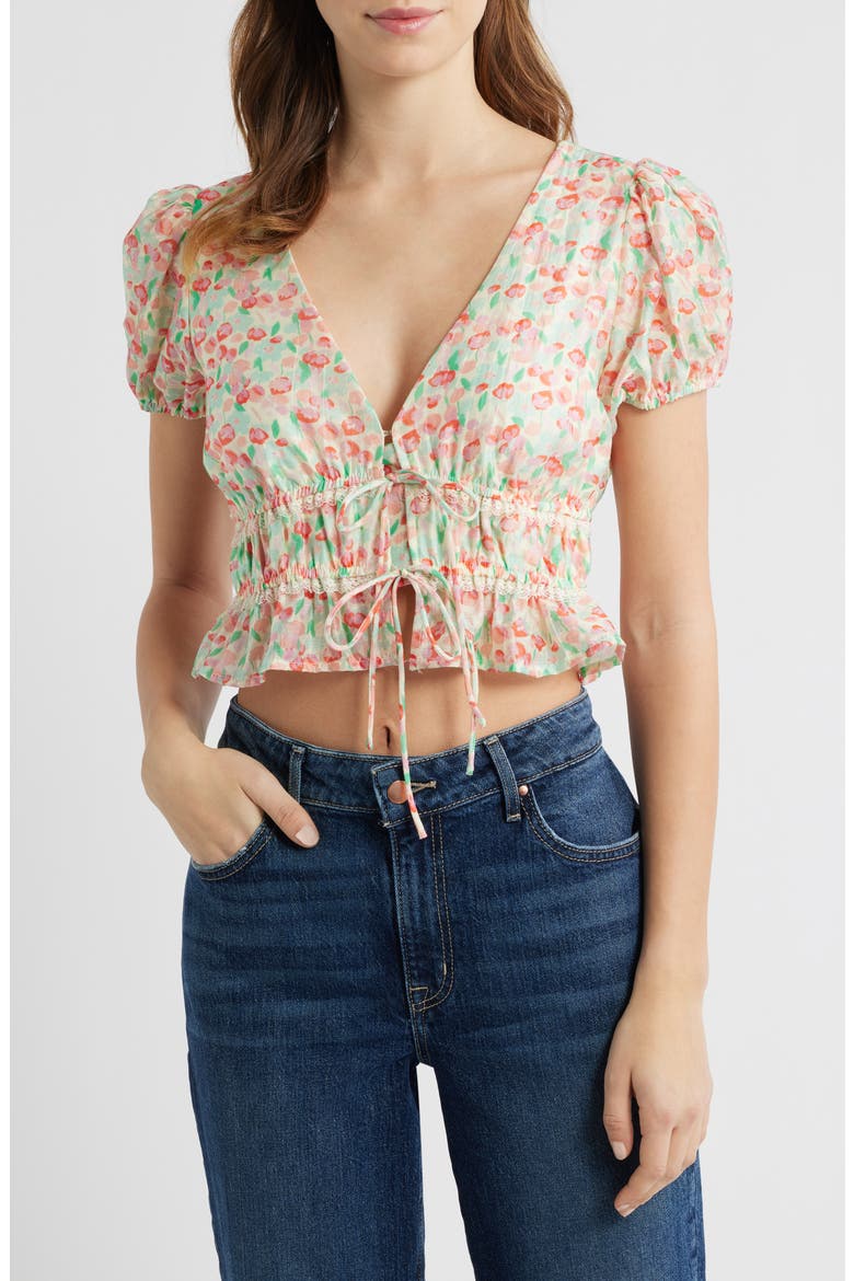 Floral Tie Front Crop Top, Main, color, CREAM PINK