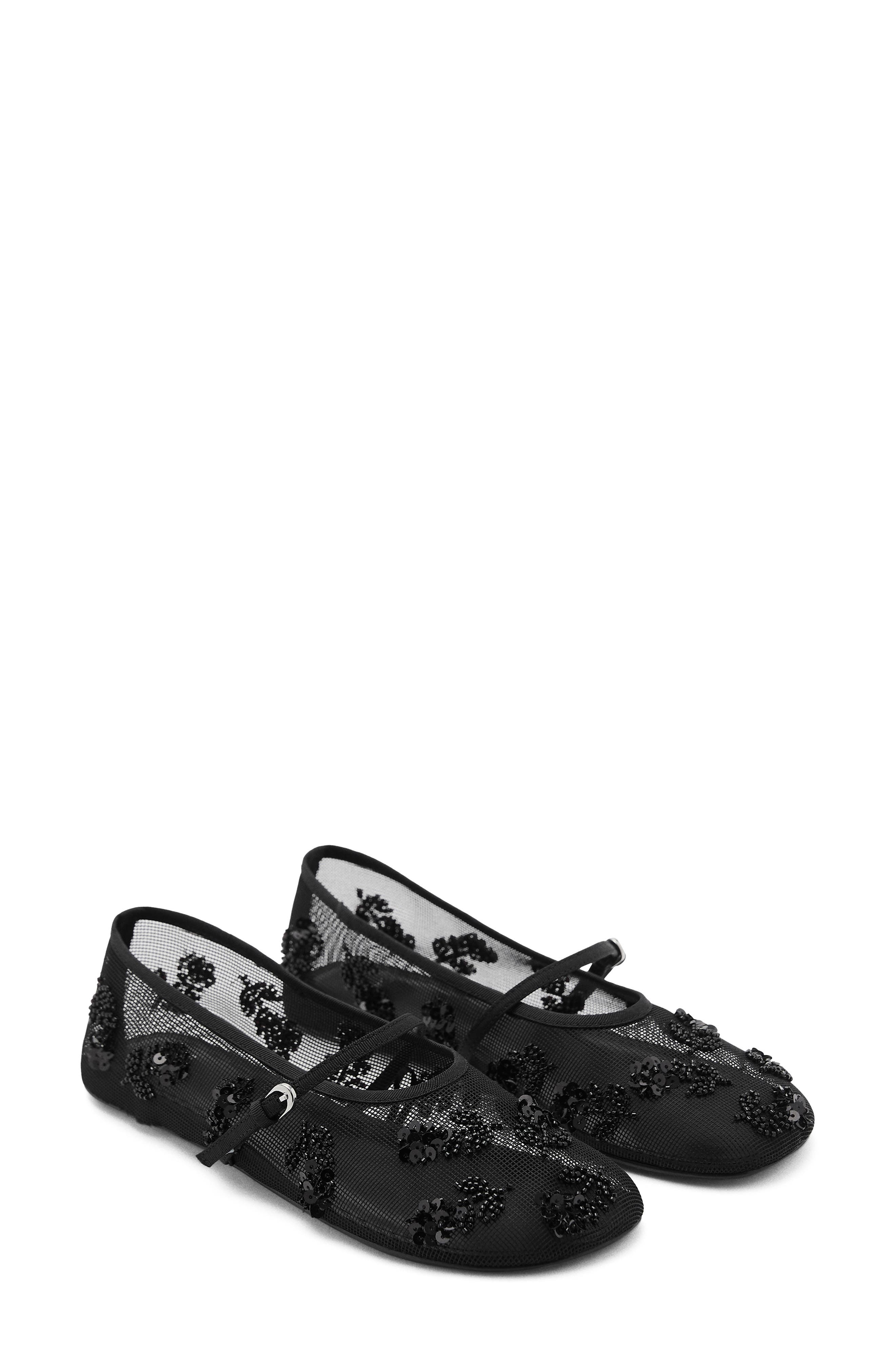 MANGO Buckle Strap Floral Embellished Mesh Ballerina Flat, Main, color, 