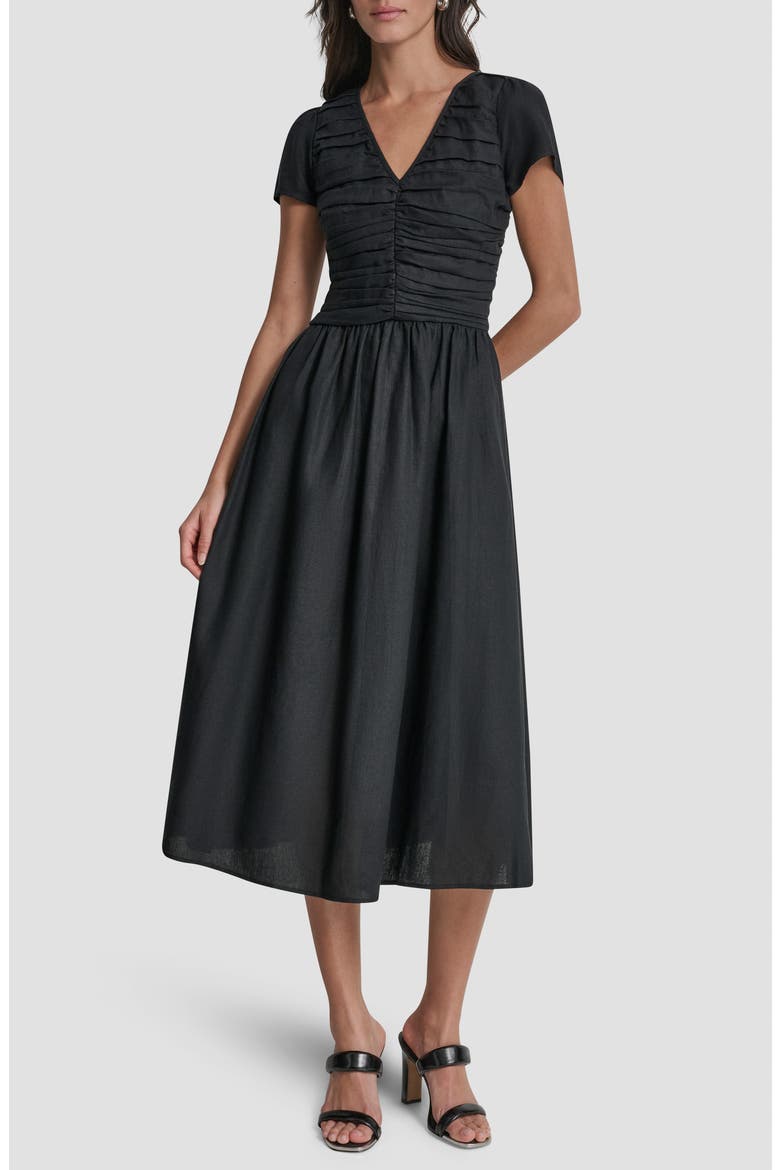 Ruched Bodice Linen Blend Midi Dress, Main, color, BLACK
