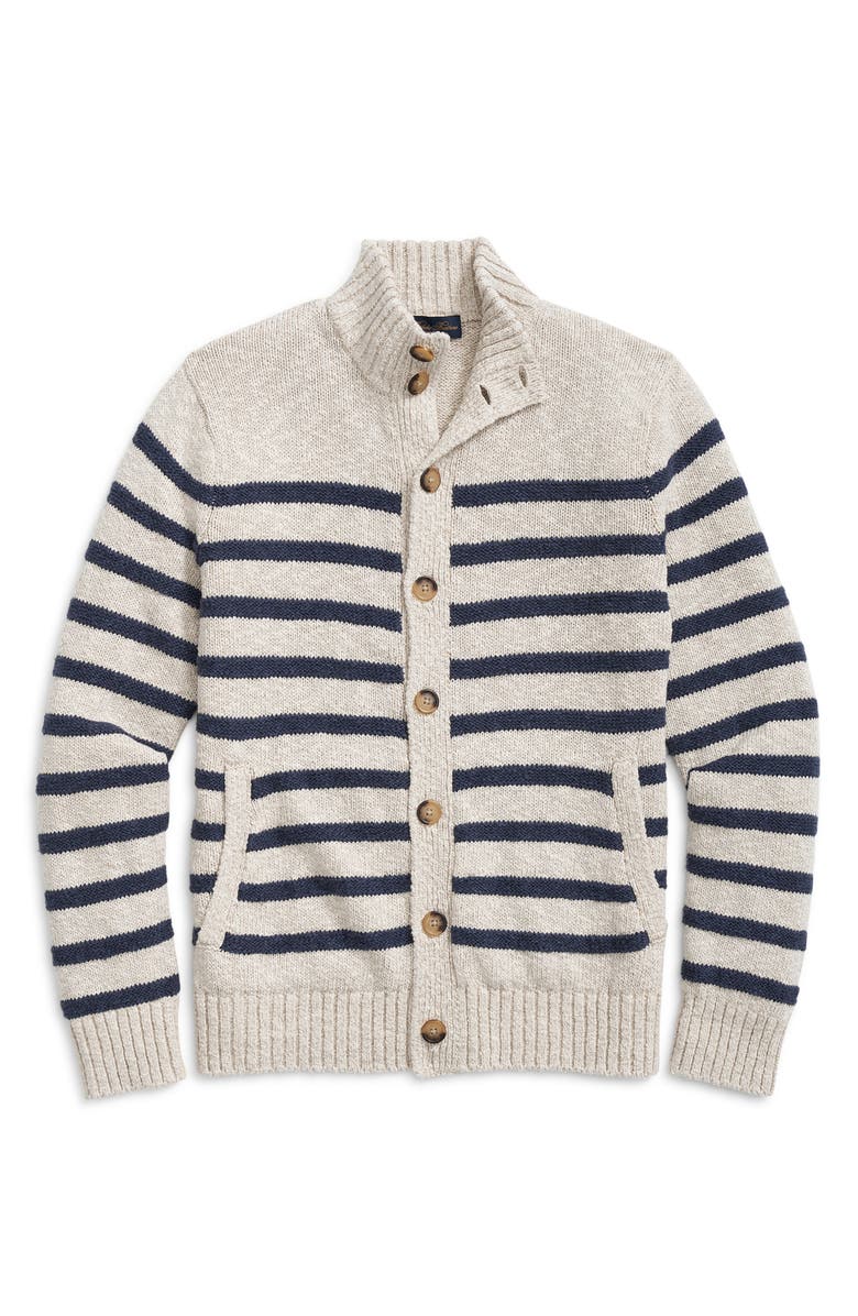 Brooks Brothers Stripe Cotton & Linen Cardigan, Alternate, color, Oat/ Navy