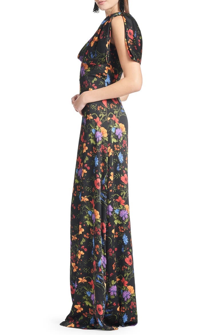Chelsea Floral One-Shoulder Crinkle Georgette Gown, Alternate, color, NOIR WILDFLOWER