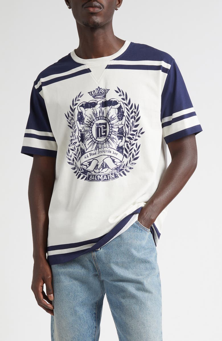 Balmain Emblem Varsity T-Shirt, Main, color, Gtj Cream/ Navy