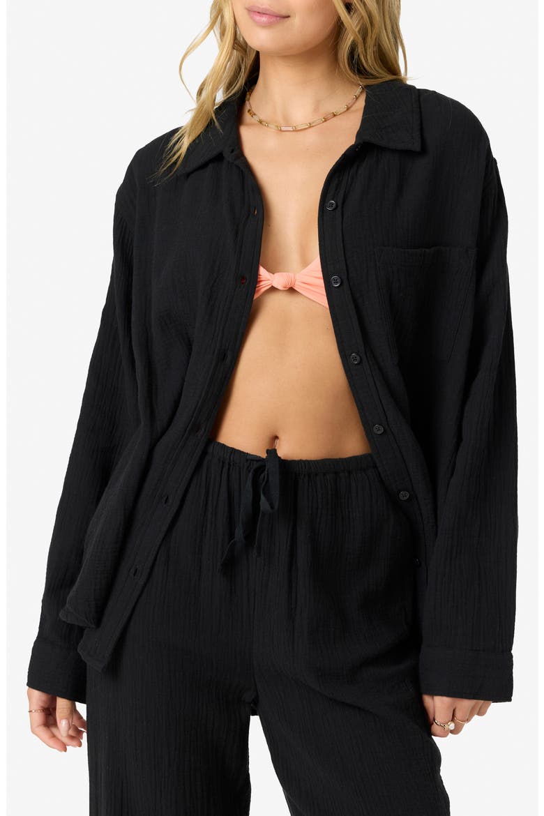 Leni Oversize Cotton Gauze Button-Up Shirt, Main, color, BLACK