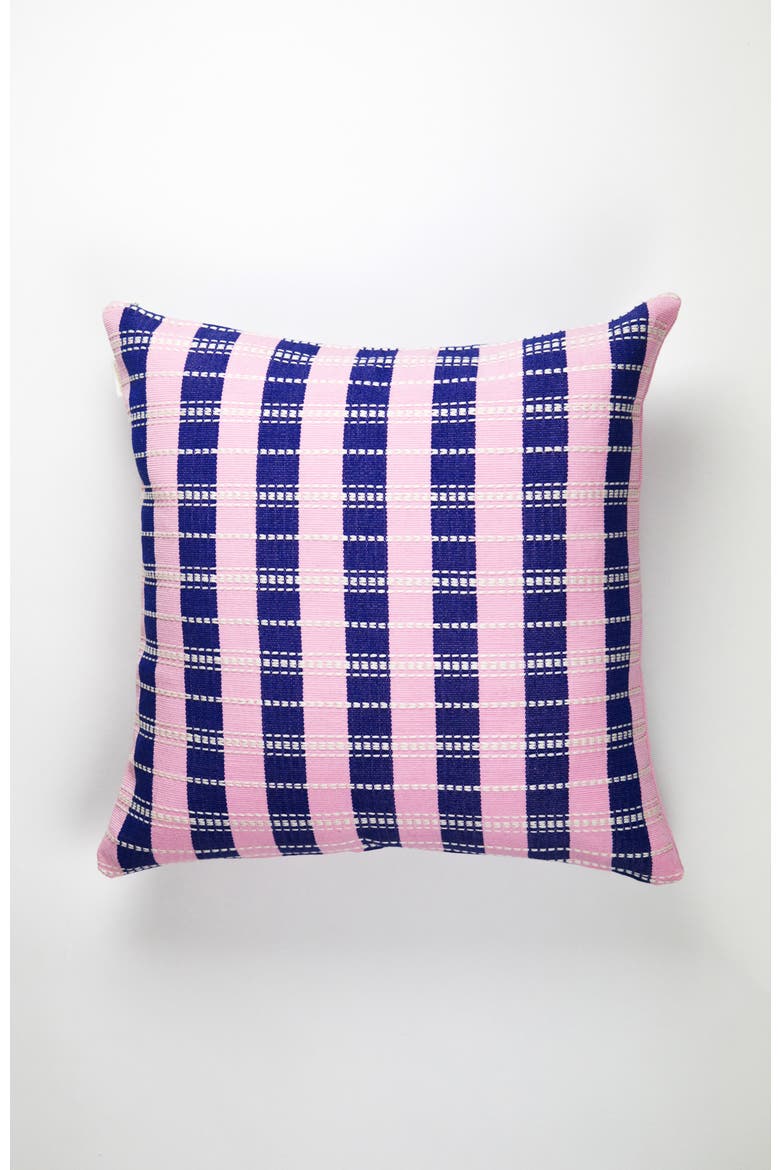 Santiago Grid Bold Stripe Handwoven Cotton Square Throw Pillow, Main, color, Blue and Light Pink