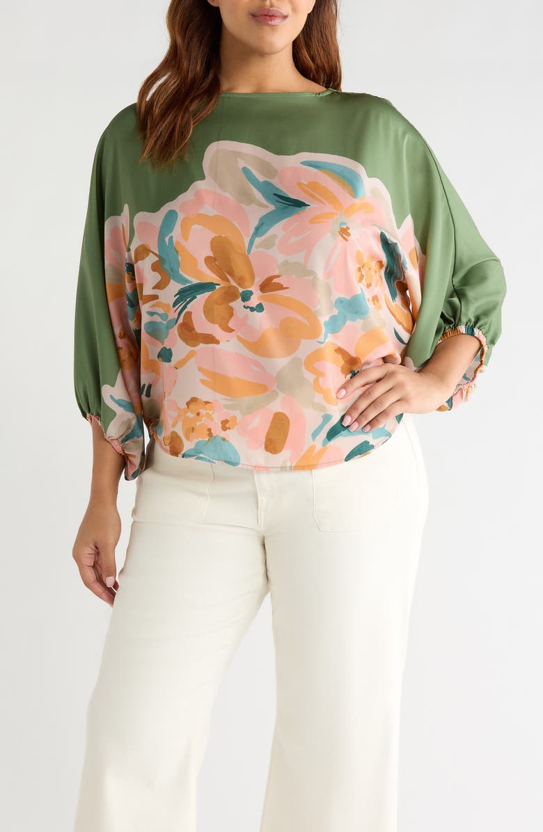 Wit & Wisdom Abstract Floral Peasant Sleeve Top, Main, color, Basil Multi