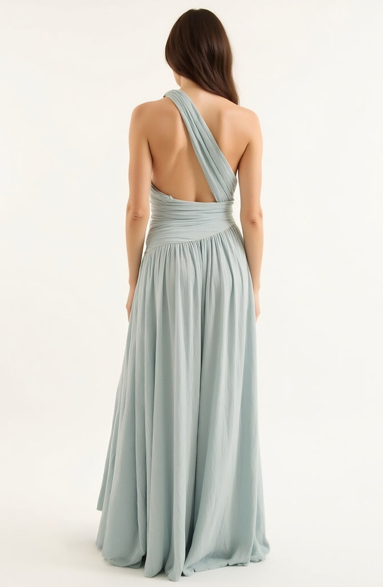 Modenaire Pleated One-Shoulder Gown with Cutout Waist and Thigh Slit, Alternate, color, Light Blue