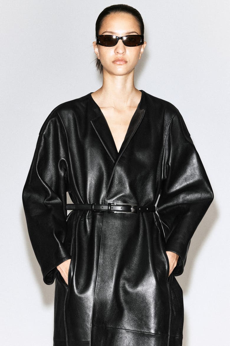 Paneled Leather Long Coat, Alternate, color, BLACK