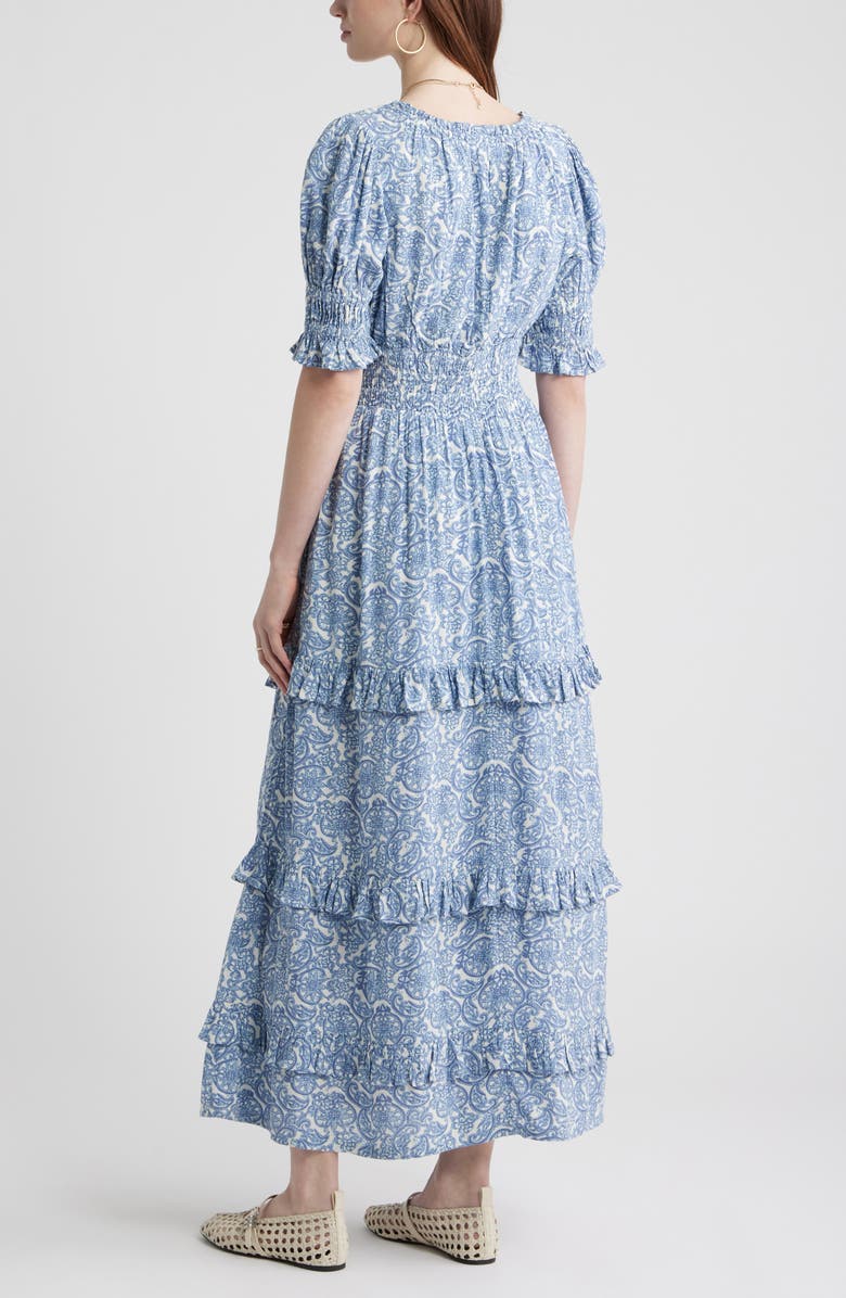 Treasure & Bond Smock Waist Ruffle Trim Tiered Maxi Dress, Alternate, color, Blue Lace Allover