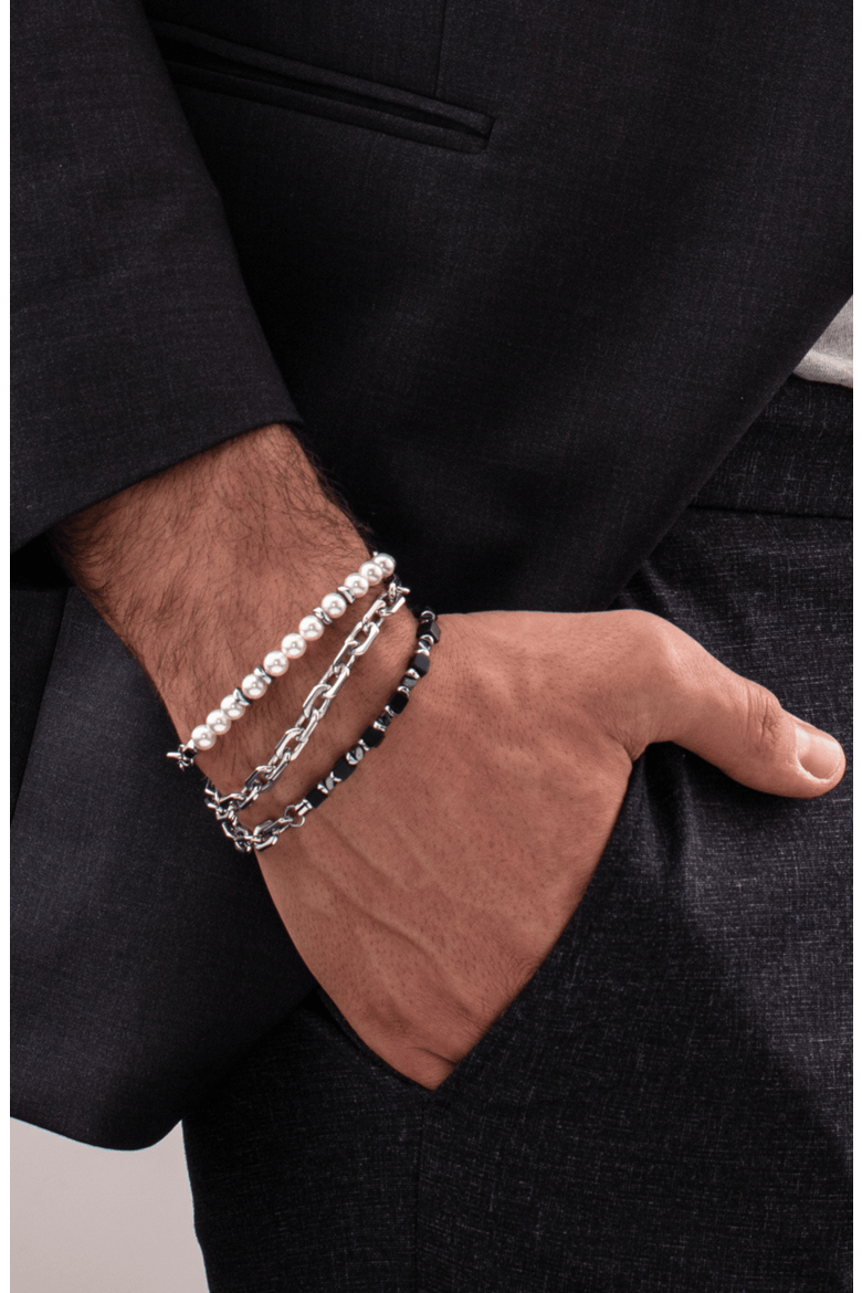 Bracelet Cubes Fusion Link Chain Black, Alternate, color, Silver