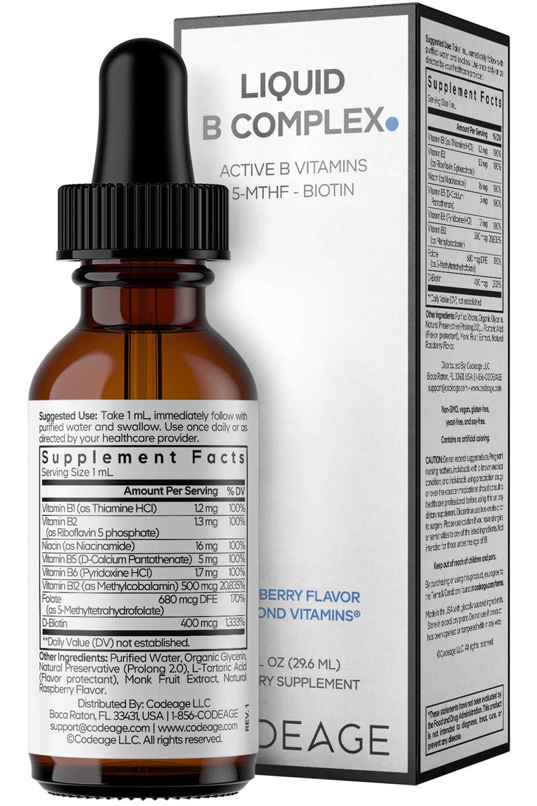 Liquid B-Complex, 8 B Vitamins B1–B12, Methylated Folate, Raspberry Flavor, Alternate, color, White