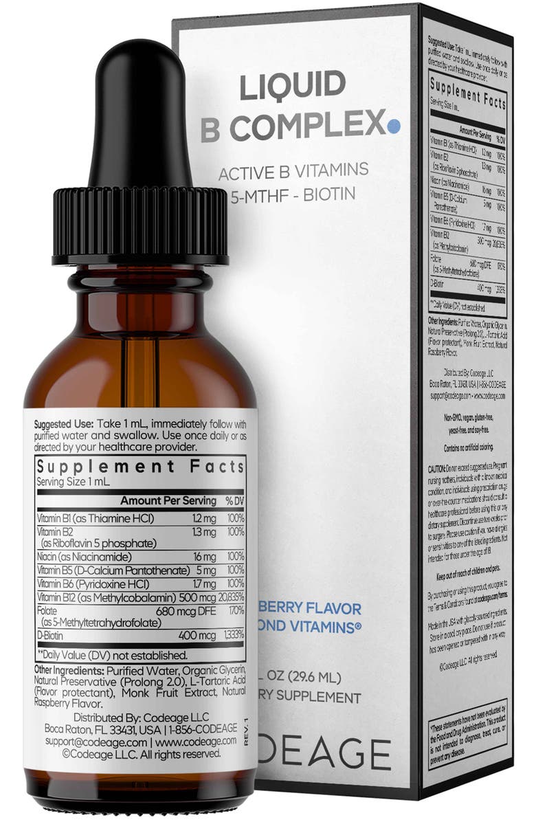 Codeage Liquid B-Complex, 8 B Vitamins B1–B12, Methylated Folate, Raspberry Flavor, Alternate, color, White