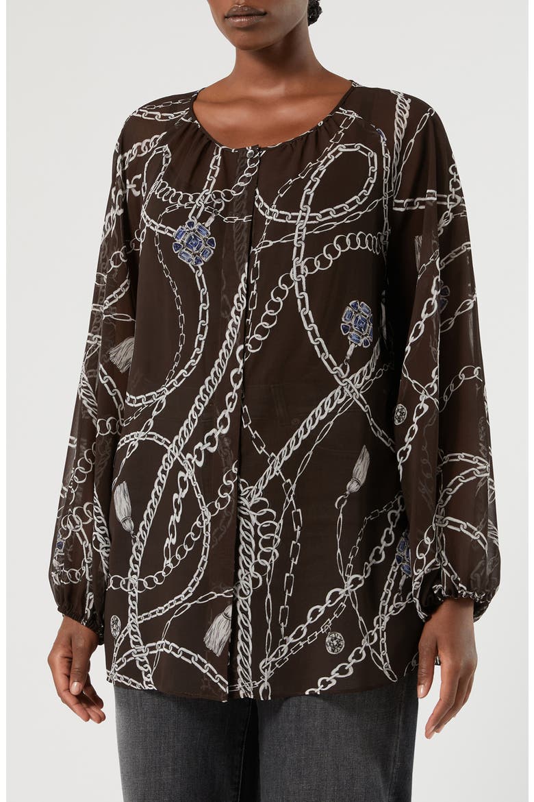 Jewel Print Long Sleeve Georgette Tunic, Main, color, CHOCOLATE