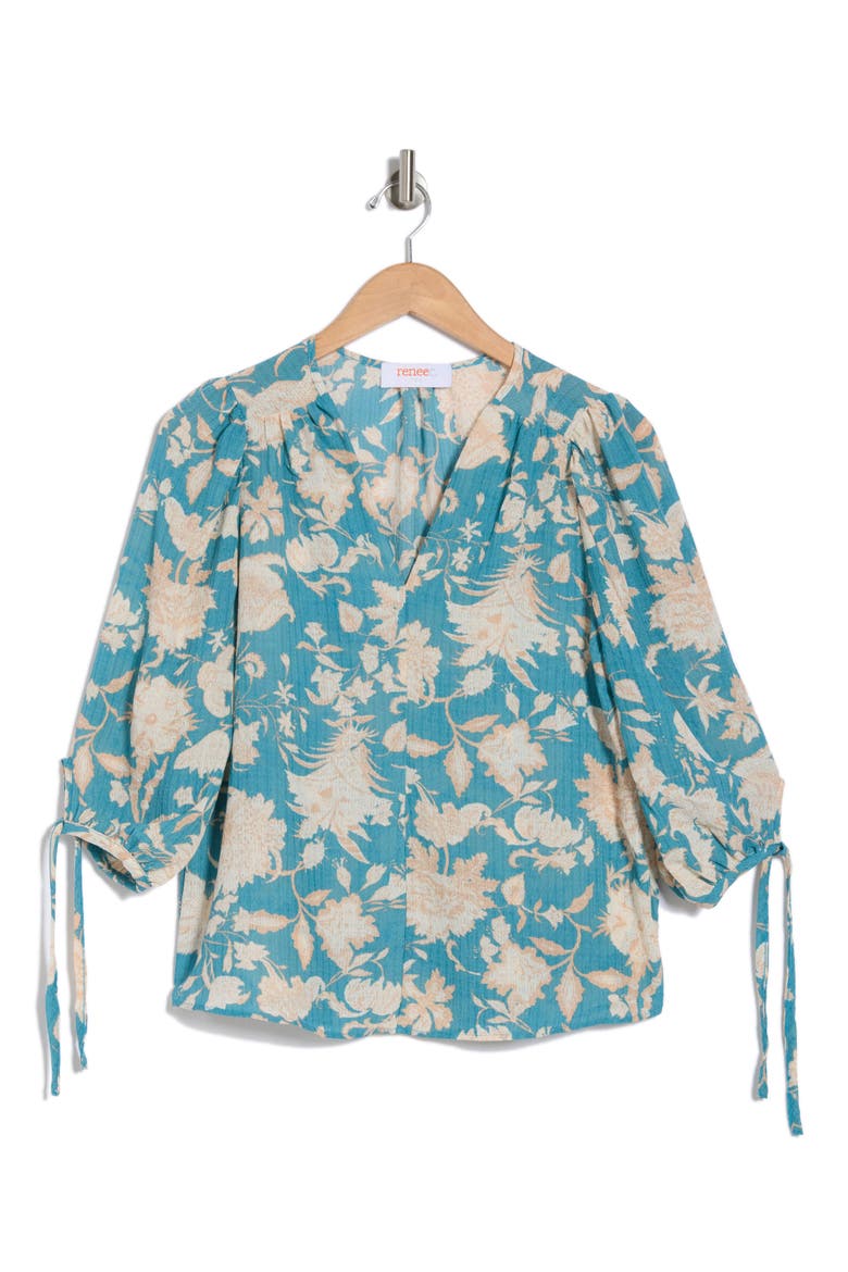 Floral Puff Sleeve Blouse, Alternate, color, BLUE