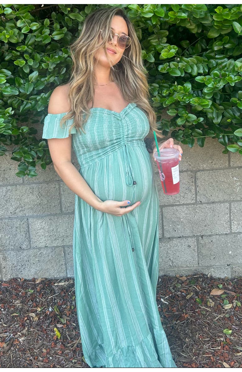 PinkBlush Striped Off Shoulder Front Tie Maxi Dress, Alternate, color, Green