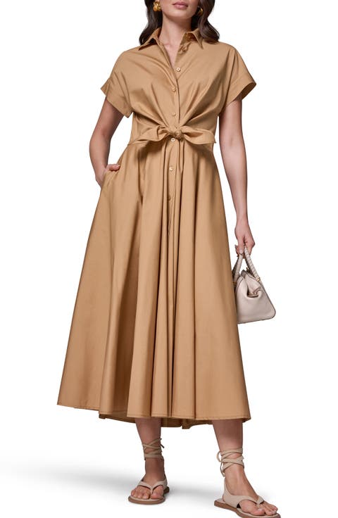 Tie Waist Short Sleeve Stretch Cotton Midi Shirtdress