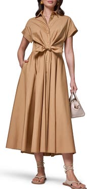 Donna Karan New York Tie Waist Short Sleeve Stretch Cotton Midi Shirtdress