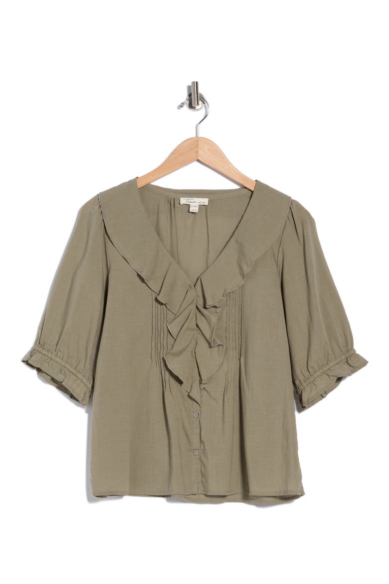 Romantic Ruffle Button-Up Shirt, Alternate, color, OLIVE GARNISH