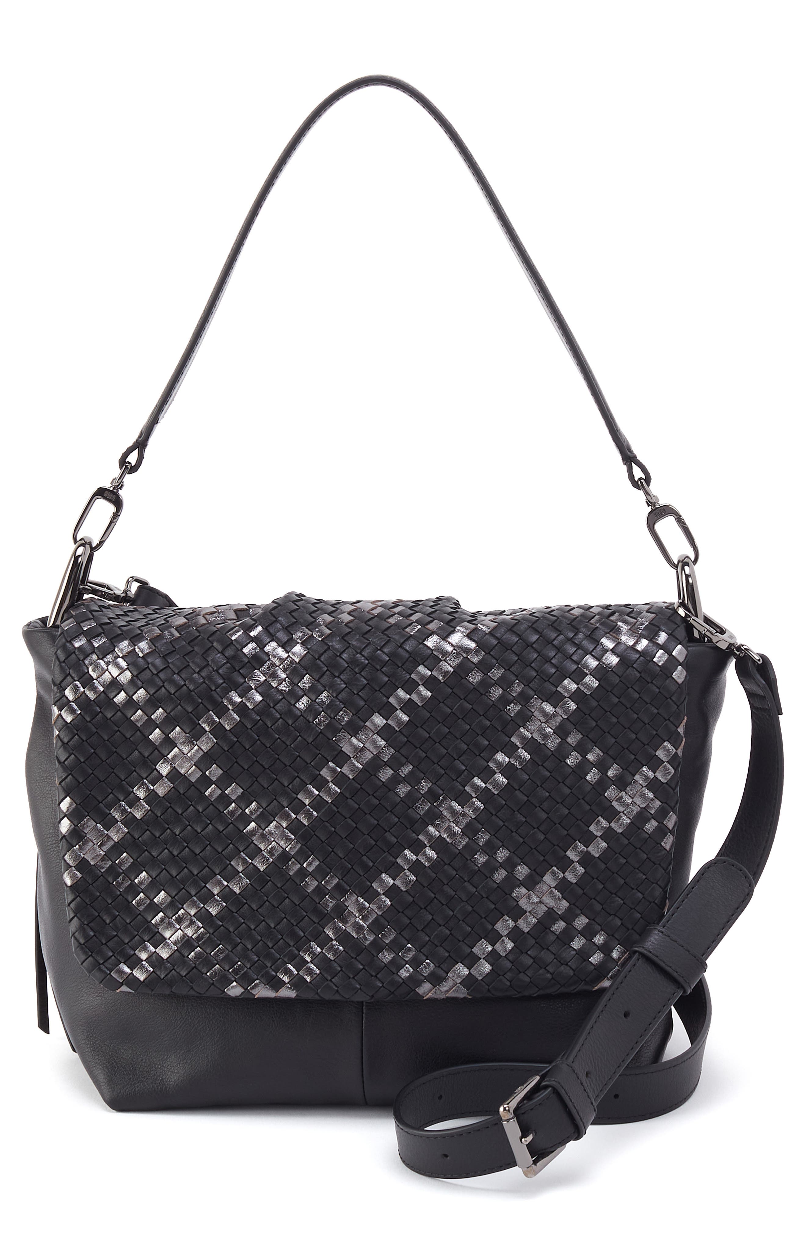 HOBO Harley Convertible Leather Shoulder Bag in Black Metallic Woven 