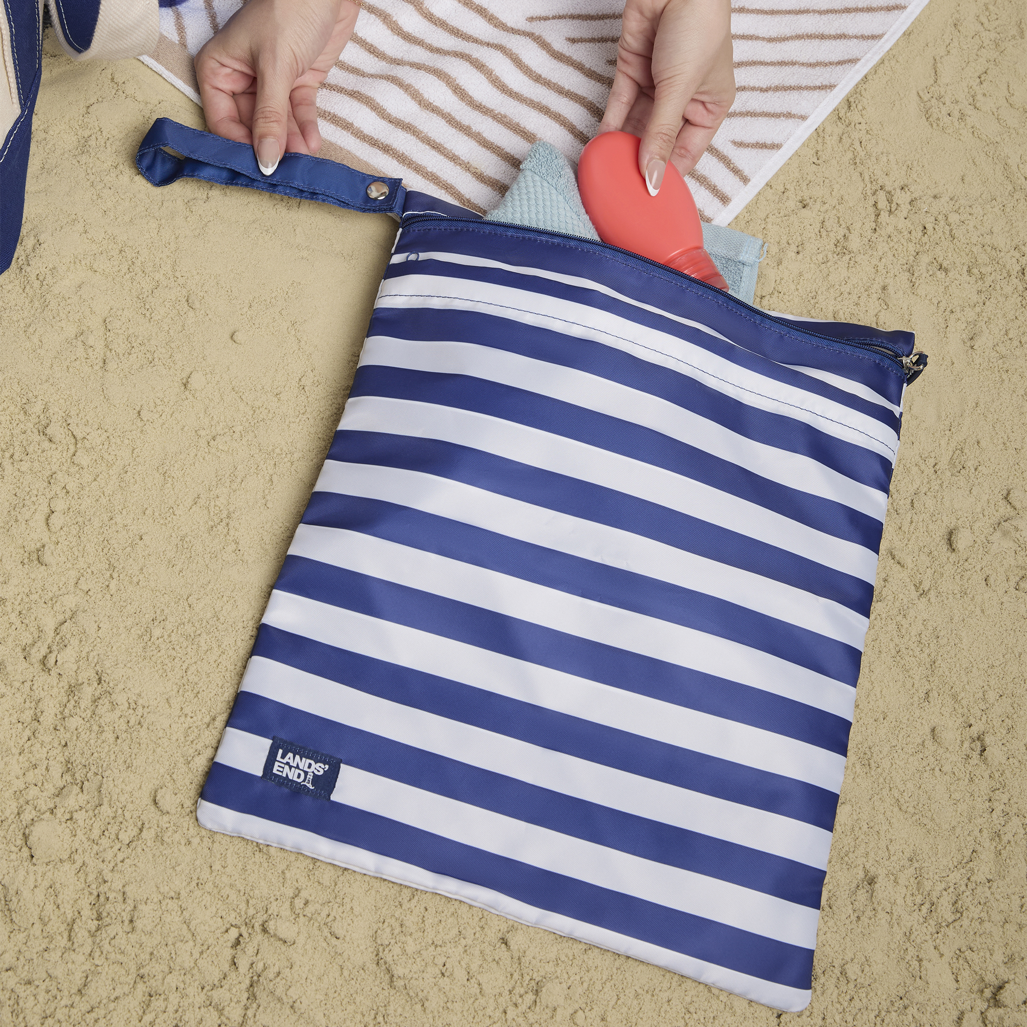 Lands' End Wet Bags for Travel 2-Piece Set,  Polyester Canvas Wet Dry Bag for Swimsuits, Wet Clothes, and More, Alternate, color, Navy