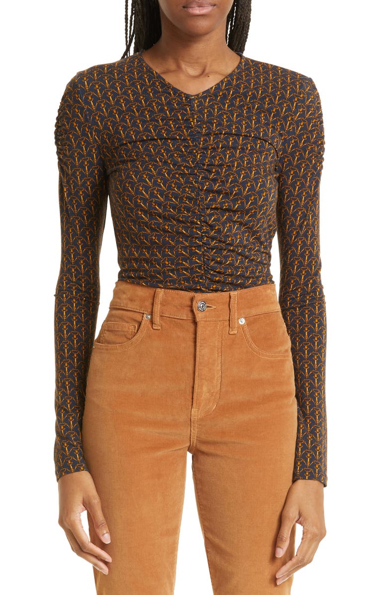 Veronica Beard Neeta Tack Print Ruched Top, Main, color, Navy Multi