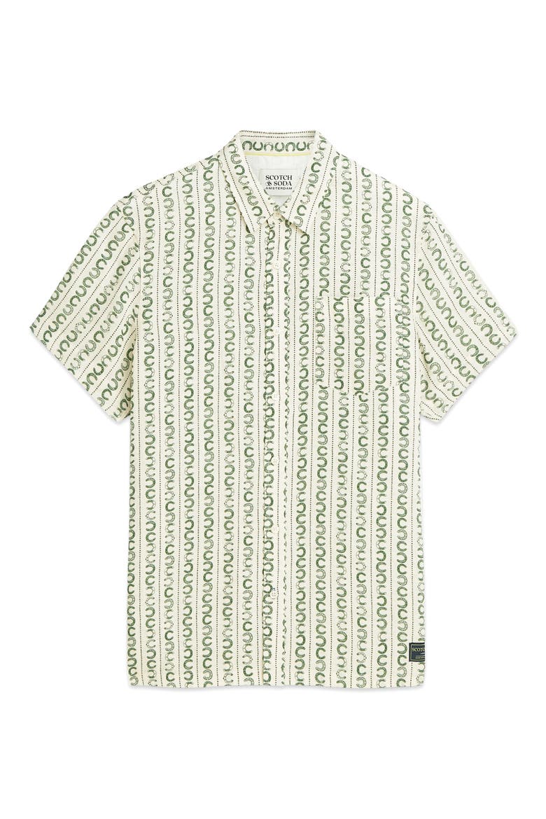 Horseshoe Print Short Sleeve Linen Button-Up Shirt, Alternate, color, HORSESHOE STRIPE EGG