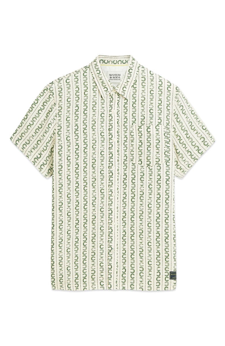 Scotch & Soda Horseshoe Pringt Short Sleeve Linen Button-Up Shirt, Alternate, color, Horseshoe Stripe Egg