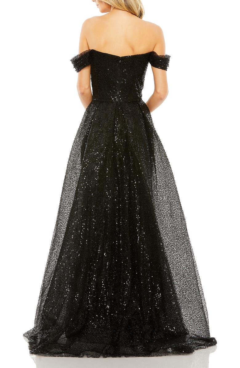 Mac Duggal Off the Shoulder Sequin Panel Train Gown, Alternate, color, Black