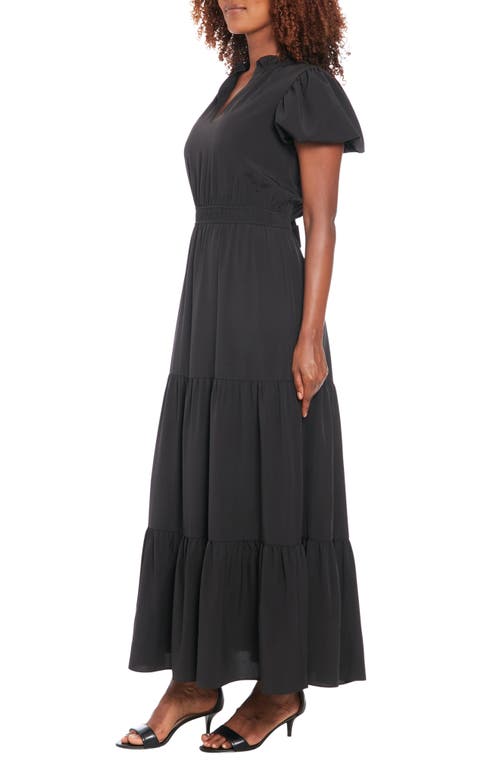 London Times Bubble Sleeve Tiered A-line Maxi Dress In Black