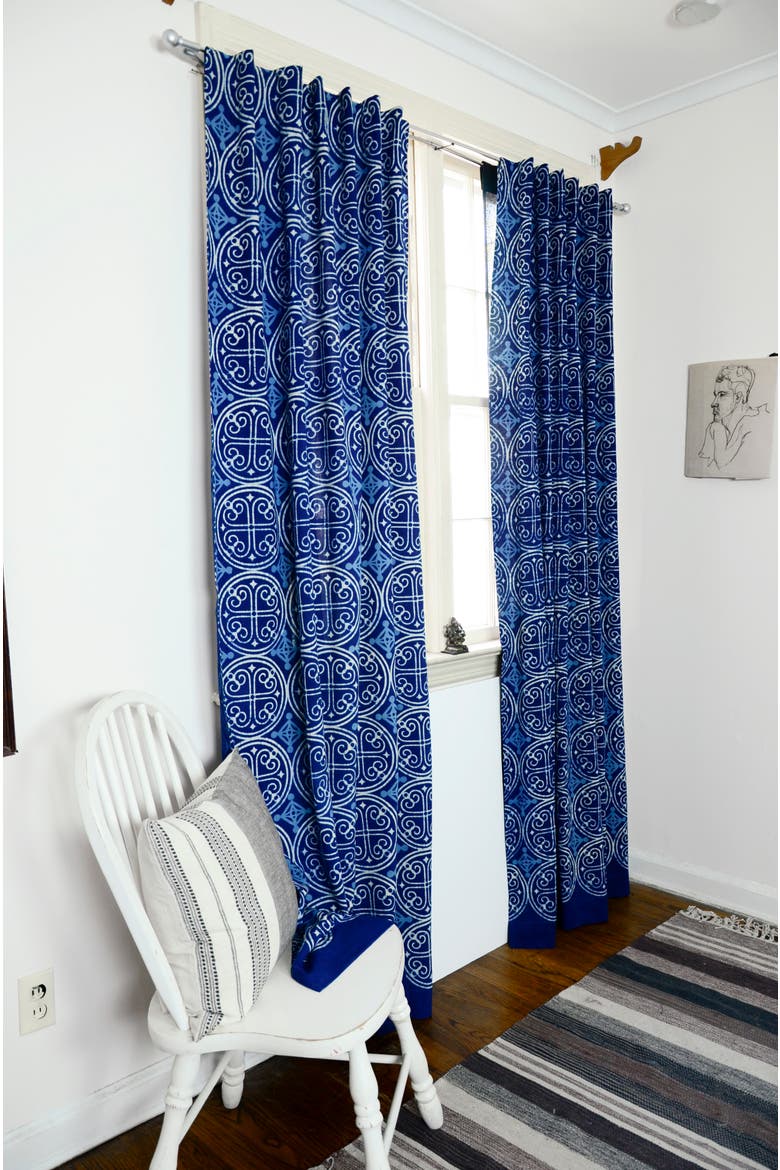 Cotton Curtain Eco Friendly Window Panel Greece, Alternate, color, Dark Indigo, Light Indigo