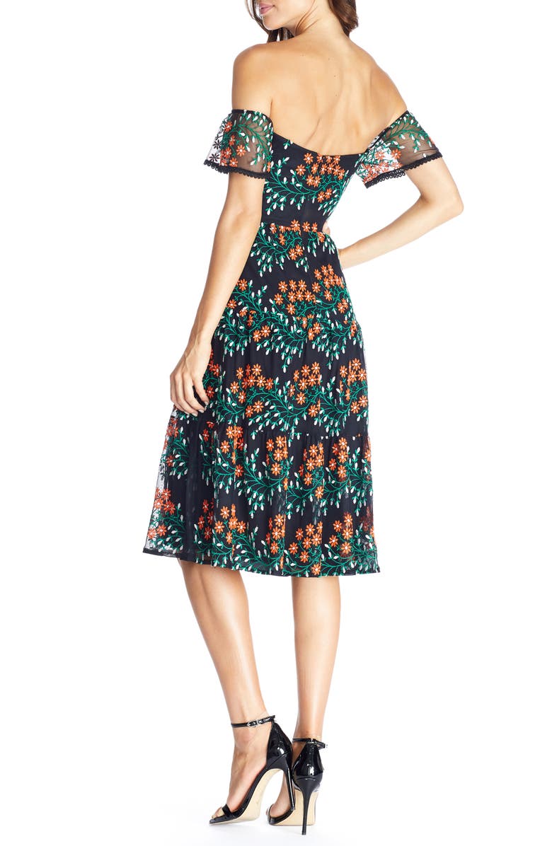 Dress the Population River Embroidered Off the Shoulder Midi Dress, Alternate, color,