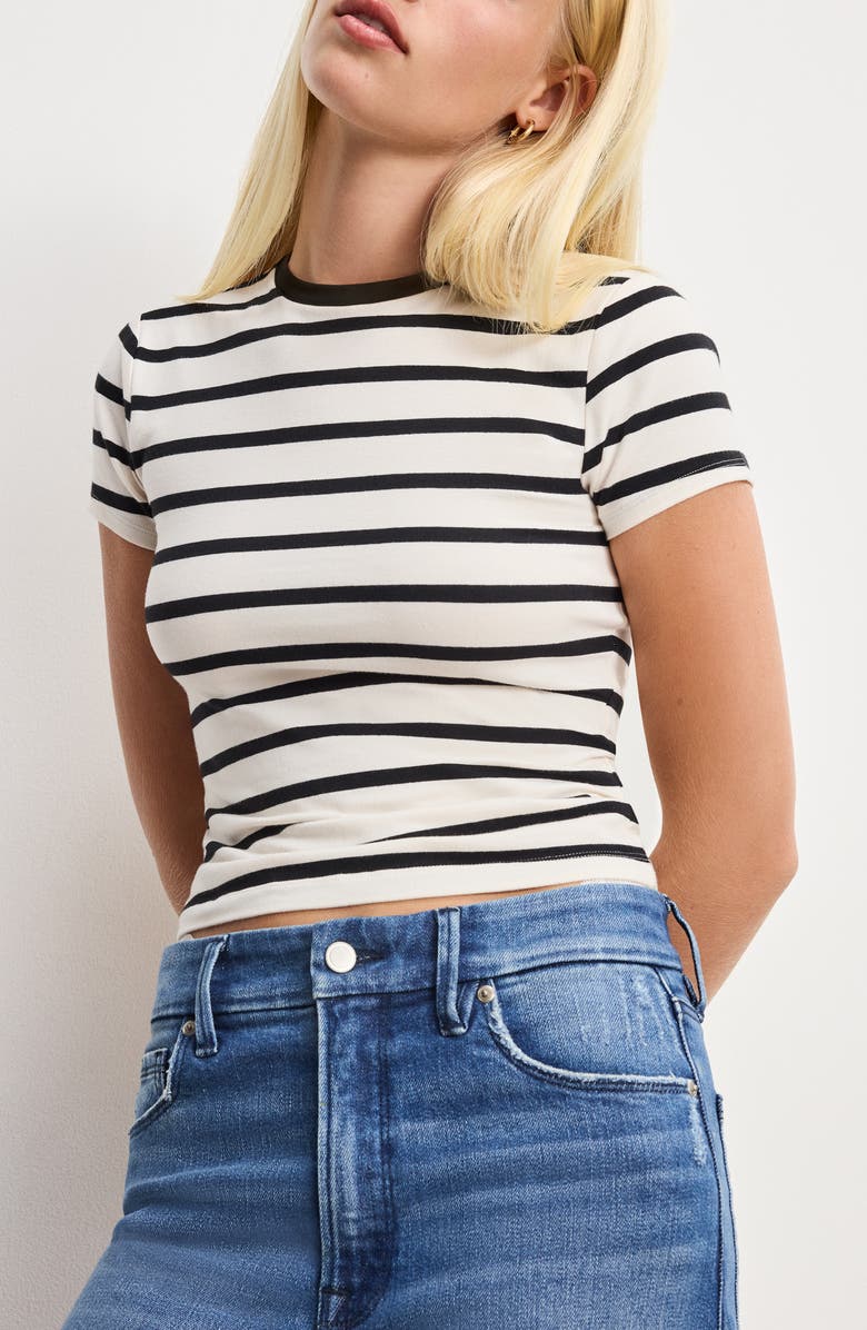 Good American Super Stretch Cotton Blend T-Shirt, Main, color, Black Ecru Wide Stripe