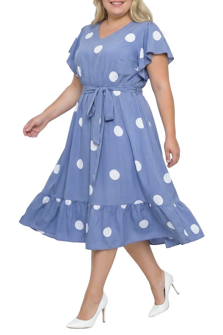 Polka Dot Belted Midi Dress, Alternate, color, BLUE
