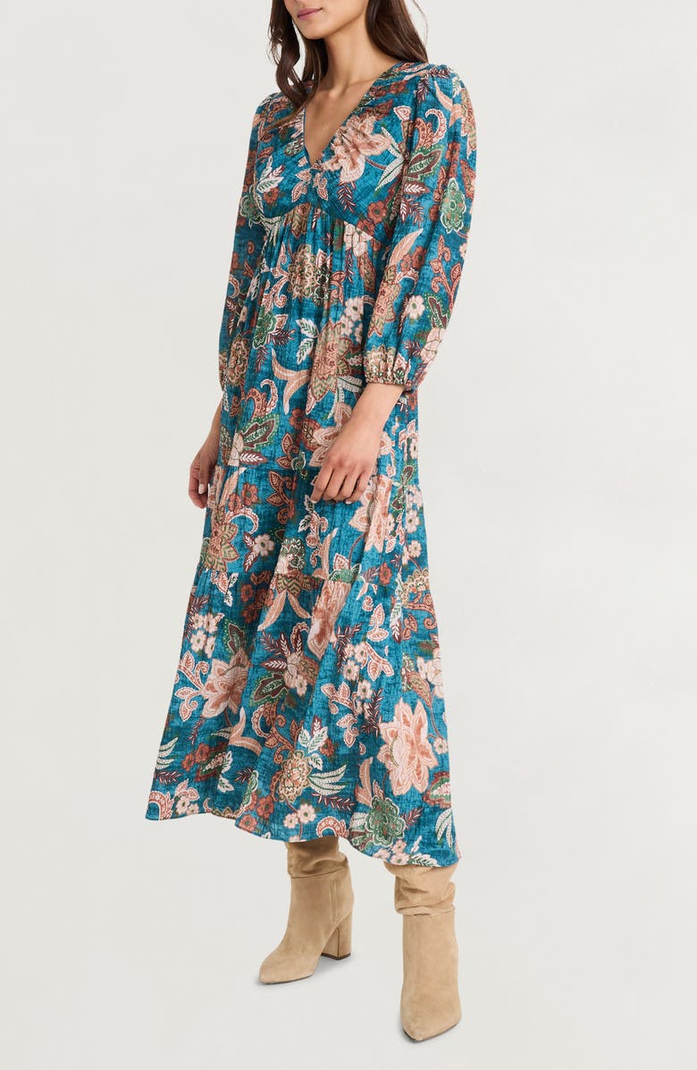The Good Journey Floral Long Sleeve Empire Waist Tiered Maxi Dress, Alternate, color, Teal/ Brown