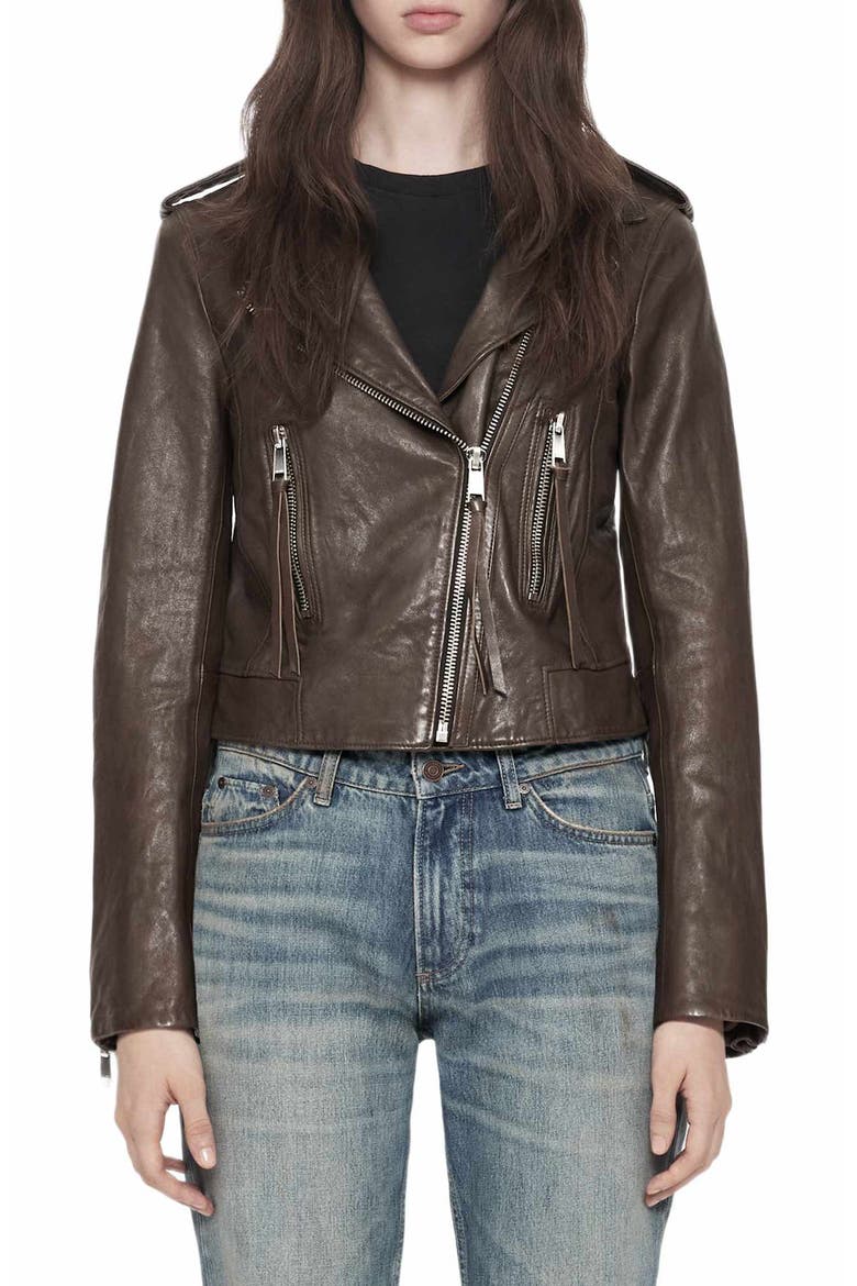 Errie Leather Biker Jacket, Main, color, OLIVE GREEN