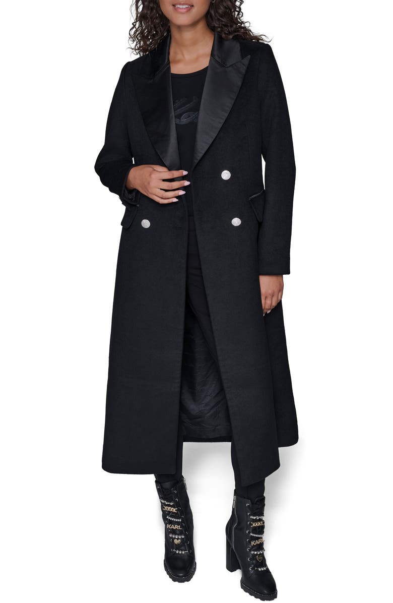 KARL LAGERFELD PARIS Tuxedo Wool Blend Longline Coat, Alternate, color, Black
