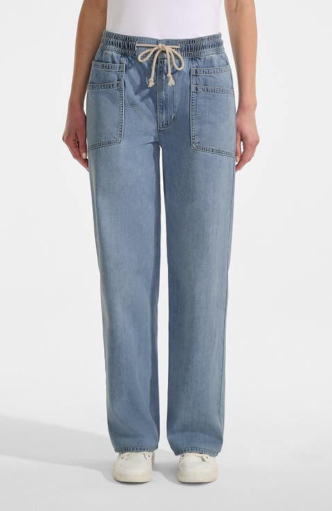Lightweight Denim High Rise Relaxed Straight Pull On Pocket Jeans