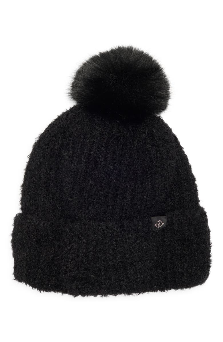 Nanette Lepore Faux Shearling Beanie with Faux Fur Pompom, Main, color, Black