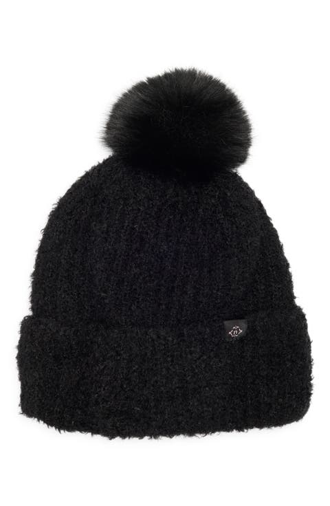 Faux Shearling Beanie with Faux Fur Pompom