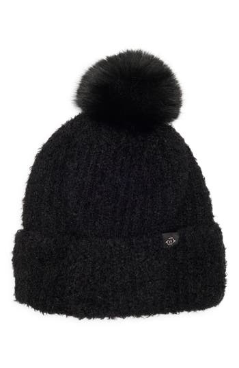 Nanette Lepore Faux Shearling Beanie With Faux Fur Pompom In Black