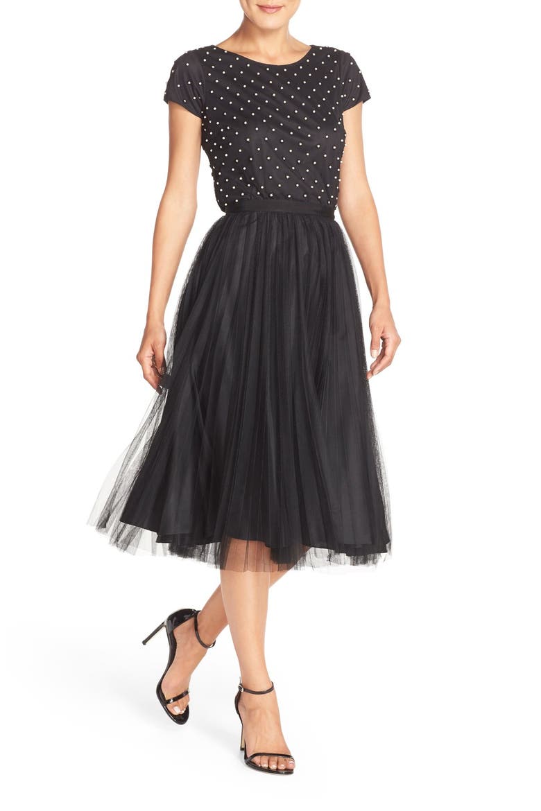 Pleated Tulle Midi Skirt, Alternate, color, BLACK