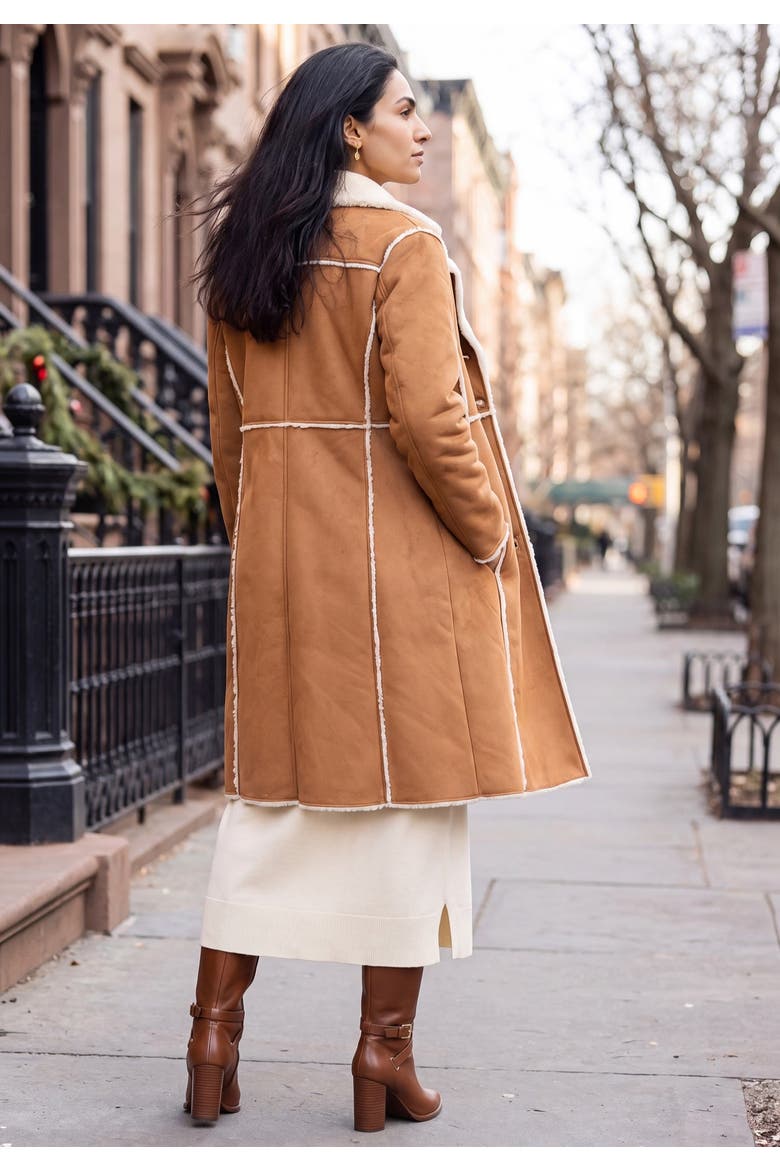 Faux Shearling Midi Coat, Alternate, color, COGNAC