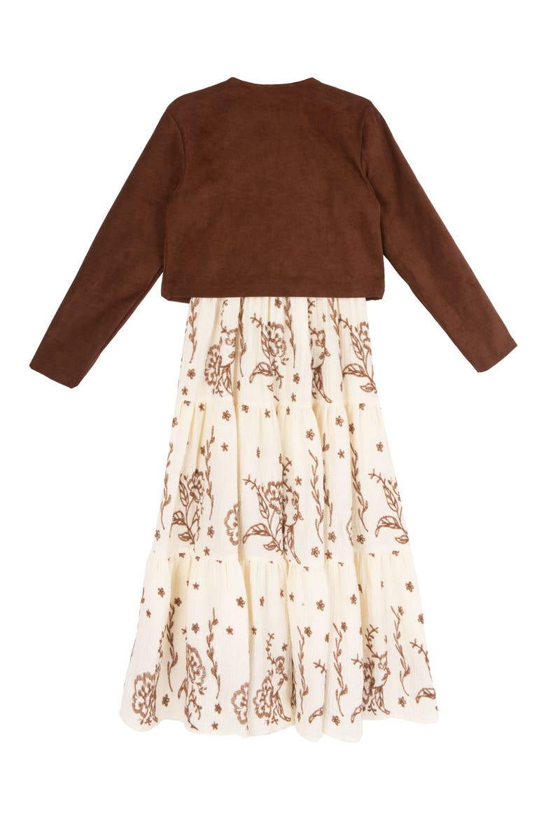 Kids' Embroidered Maxi Dress & Fringe Jacket Set, Alternate, color, BROWN