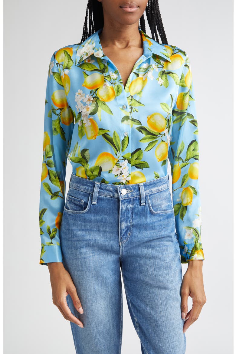 Tyler Lemon Print Silk Button-Up Shirt, Main, color, SKY BLUE/ YELLOW FLORAL LEMON