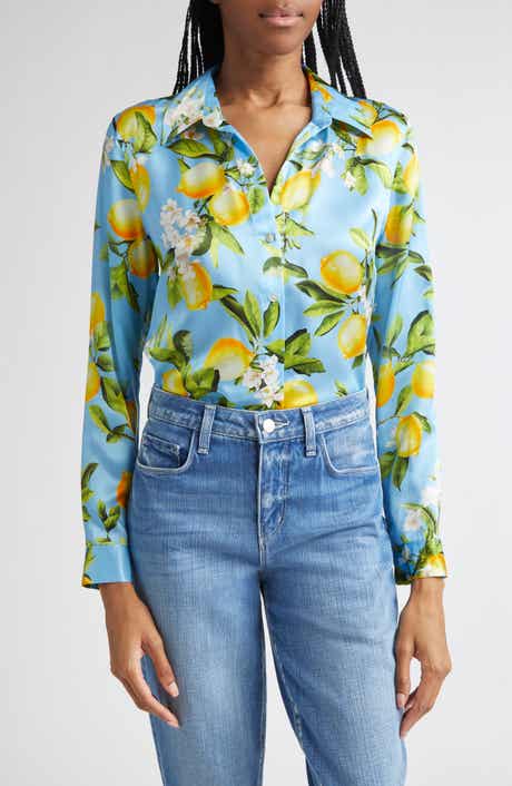 L'AGENCE Tyler Lemon Print Silk Button-Up Shirt