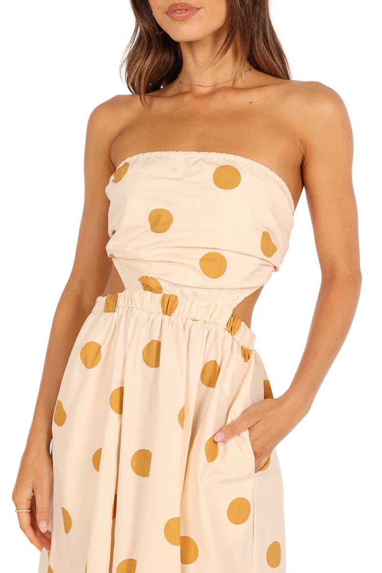 Angelique Polka Dot Strapless Open Back Maxi Dress, Alternate, color, BEIGE SPOT