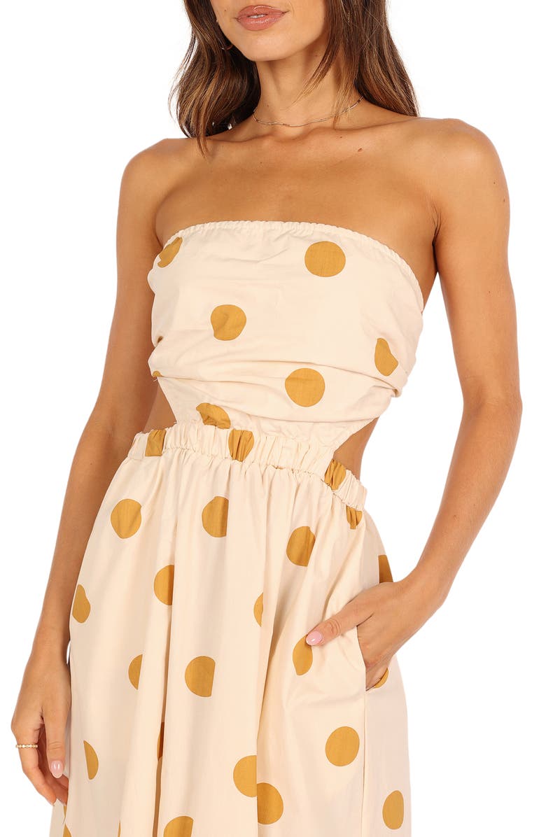 Petal & Pup Angelique Polka Dot Strapless Open Back Maxi Dress, Alternate, color, Beige Spot