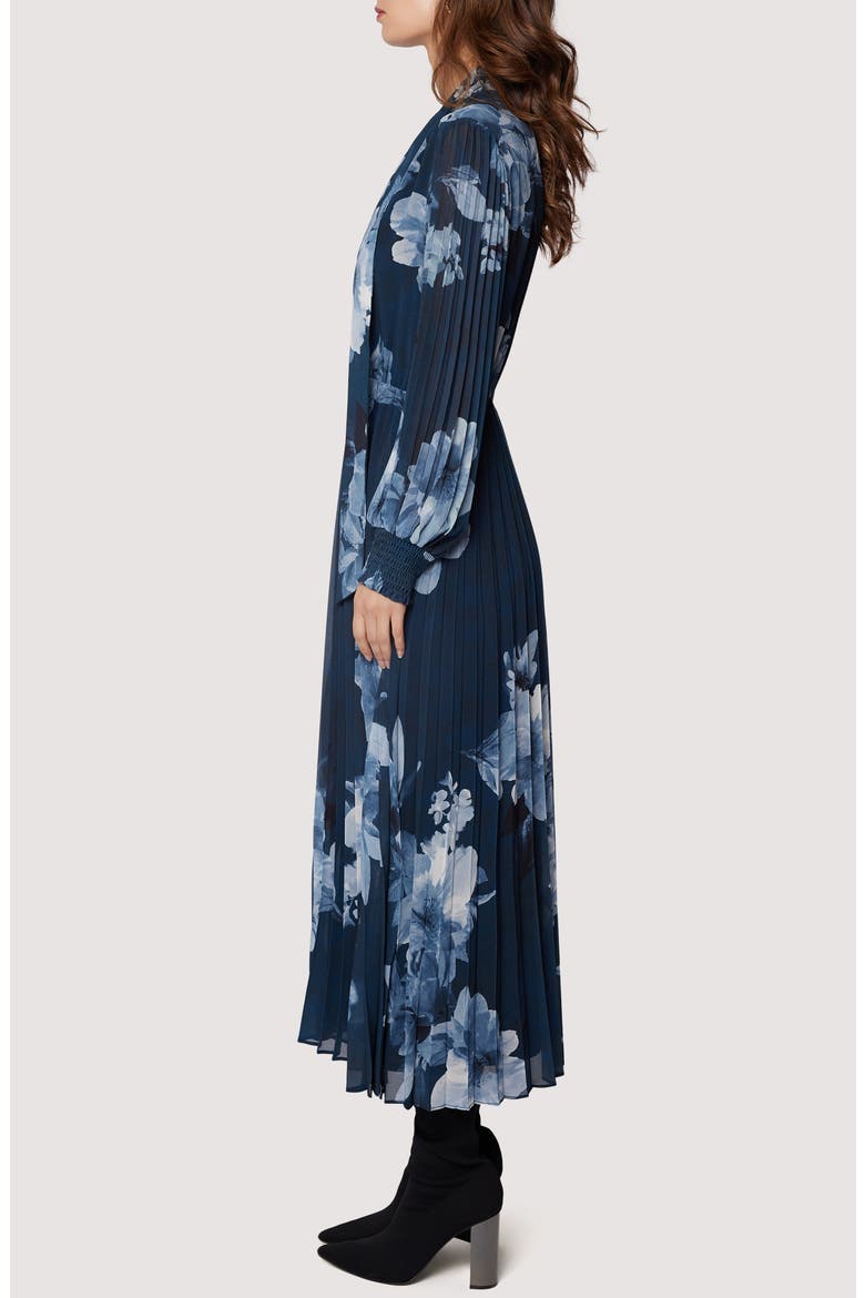 Josephine Floral Pleated Tie Neck Long Sleeve Dress, Alternate, color, BLUE GREY FLORAL