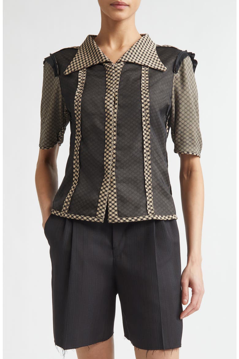 Jacquard Silk Organza Mixed Media Short Sleeve Button-Up Shirt, Main, color, BEIGE/ BLACK